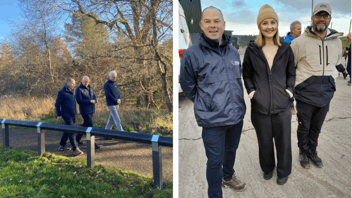 The left image shows Kevin Lafferty, Walking Scotland's Chief Executive, walking with Scottish First Minister John Swinney and Chair and Director James Oglivie. The image on the right show Kevin smiling with Màiri McAllan MSP and Graeme Anderson, Technical Director. 