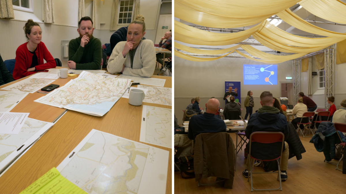 Left image showing a group of people around a table laden with maps and information. Right: a group of people sit at tables facing two individuals at the front of a room presenting.