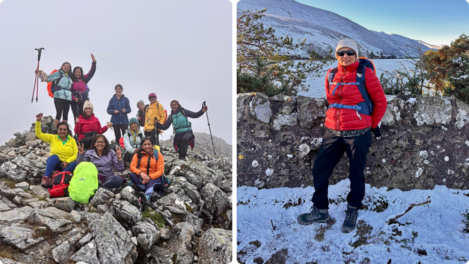 Left, a group of women smile as they pose for a photograph at the top of a mountain; and right, a woman in a red jacket, hat and glasses smiles as she stands near a stone wall, with hillside stretching out into the distance behind her.