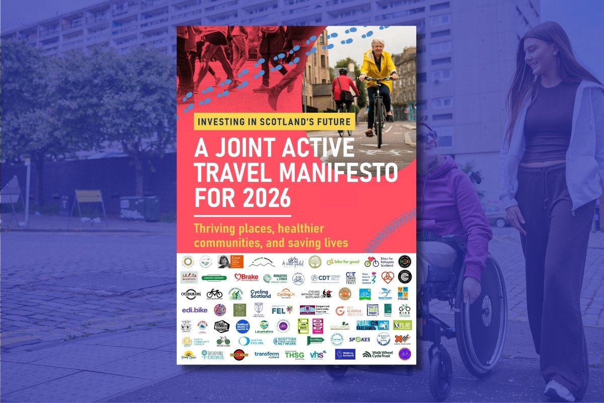 The front cover of 'A Joint Active Travel Manifesto for 2026' on a blue background.