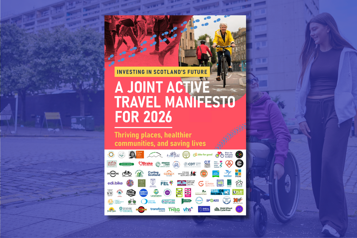 The front cover of 'A Joint Active Travel Manifesto for 2026' on a blue background.