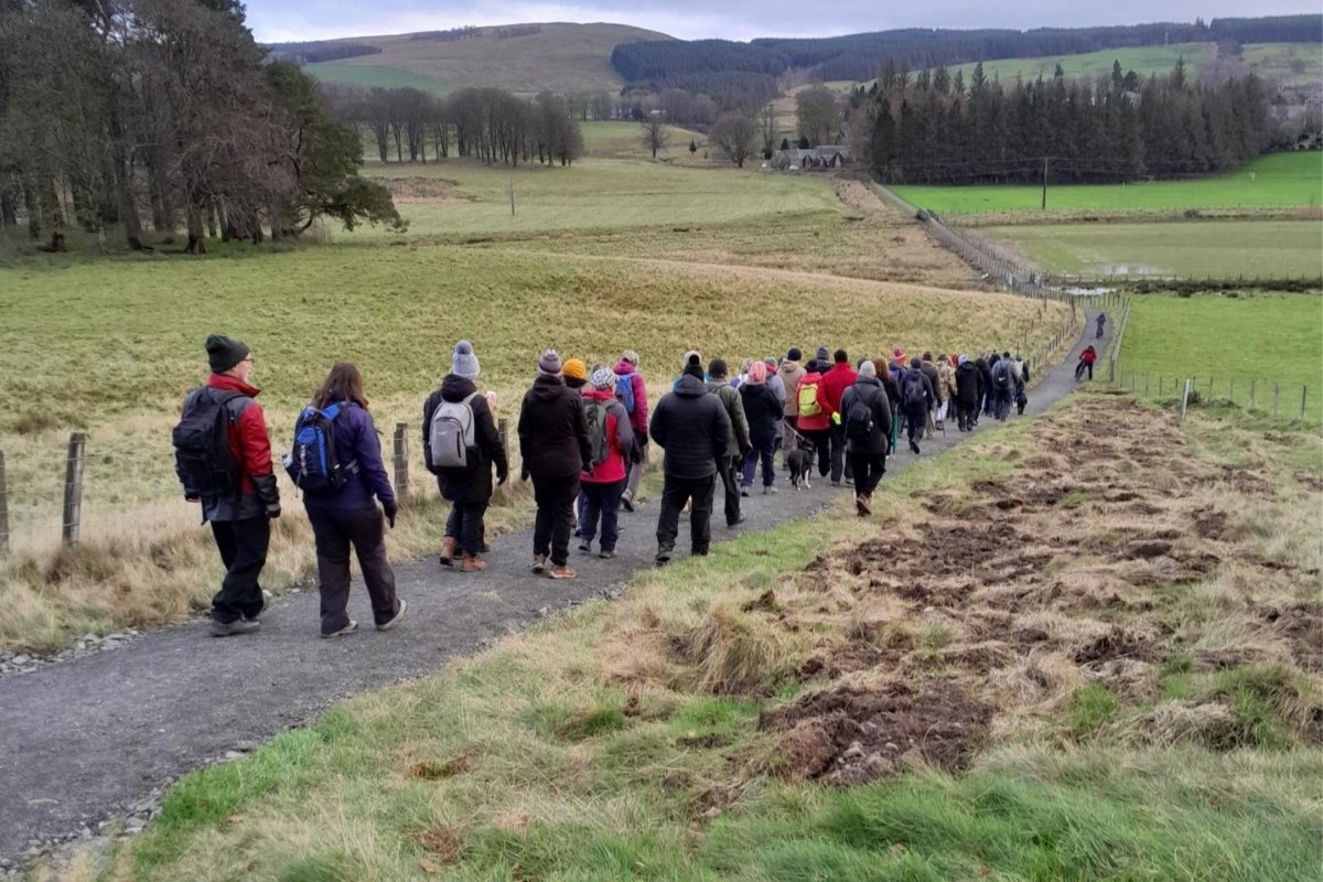 A line of people walk along a path along a gentle hillside. Woodland can be seen in the distance.