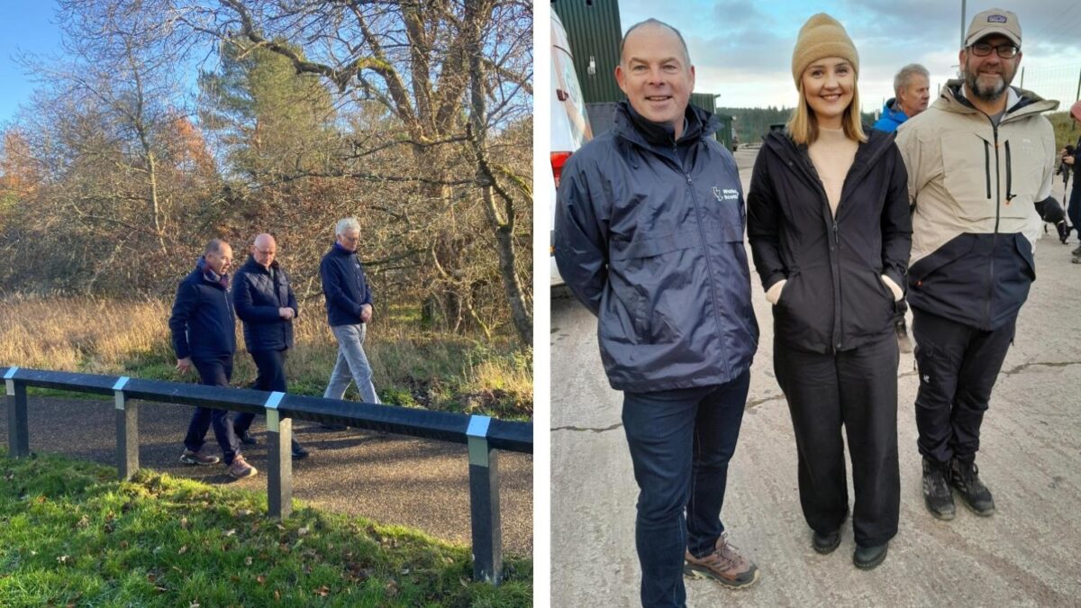 The left image shows Kevin Lafferty, Walking Scotland's Chief Executive, walking with Scottish First Minister John Swinney and Chair and Director James Oglivie. The image on the right show Kevin smiling with Màiri McAllan MSP and Graeme Anderson, Technical Director. 