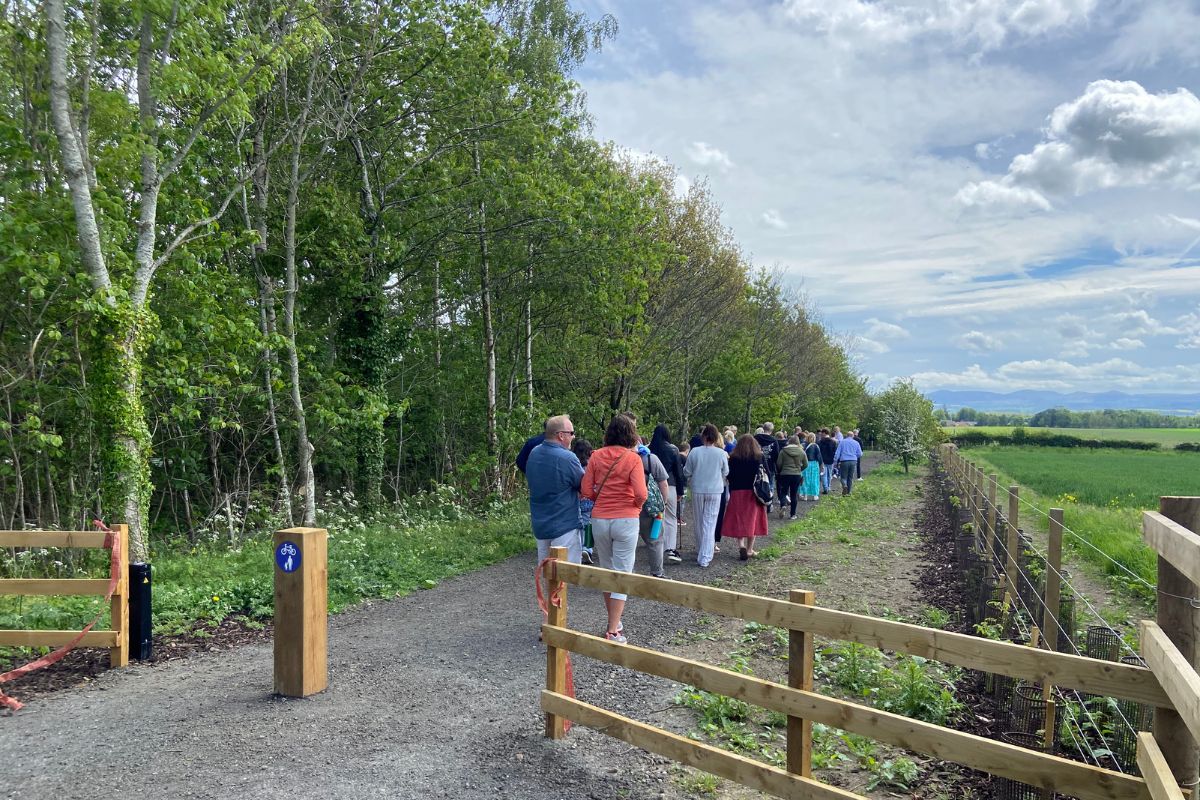 A group of people walk down a path, surrounded by trees.