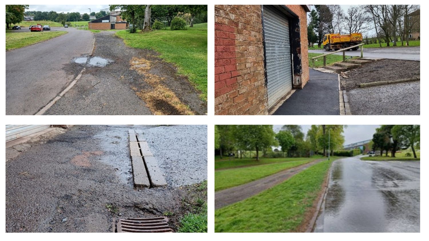 A collage of 4 images that show the path before, with deep potholes and puddles, compared to after, which has a smooth tarmac finish. 