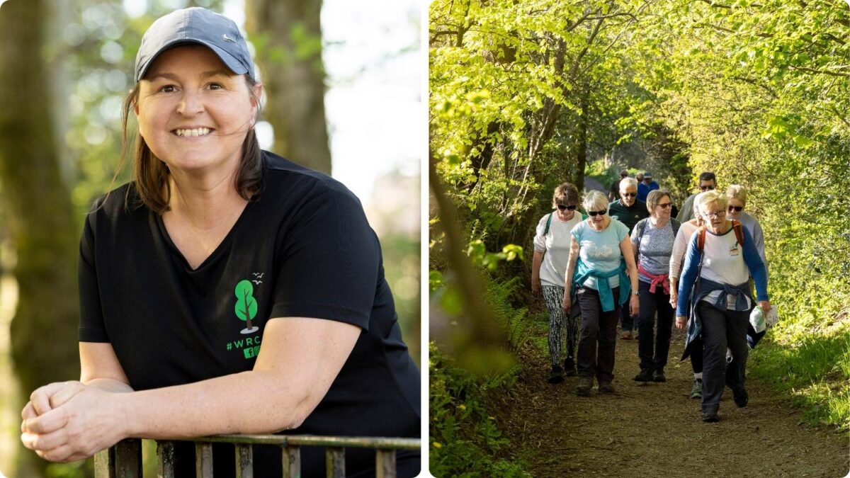 Left, Lorna, a woman wearing a black t-shirt and grey cap, smiles as she leans on a railing. And right, a group of people talk as they walk along a path through woodland.