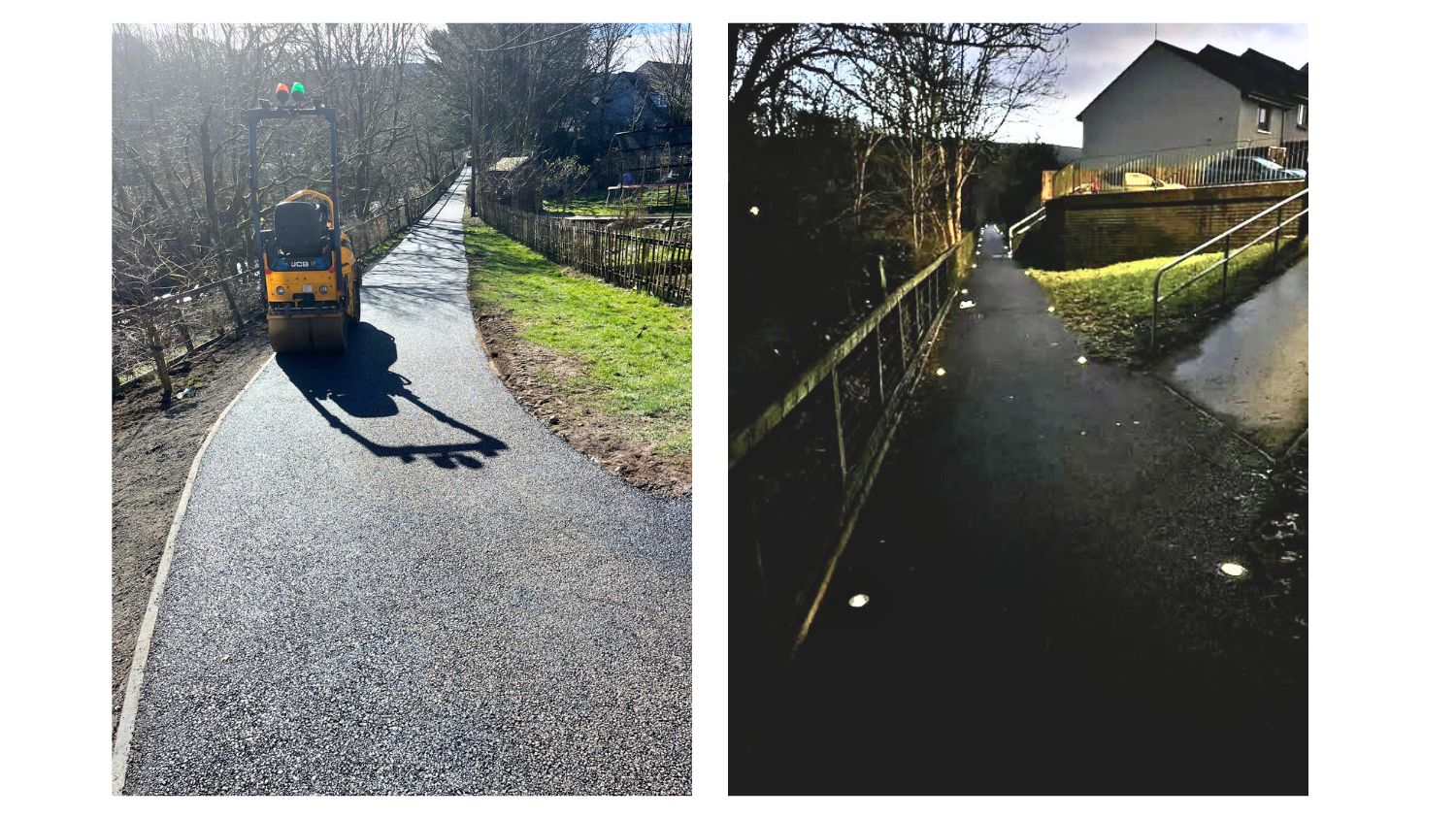 A collage of 2 images. 1 shows the path lit up at night time by solar lights and the other image shows a roller creating a smooth path surface. 