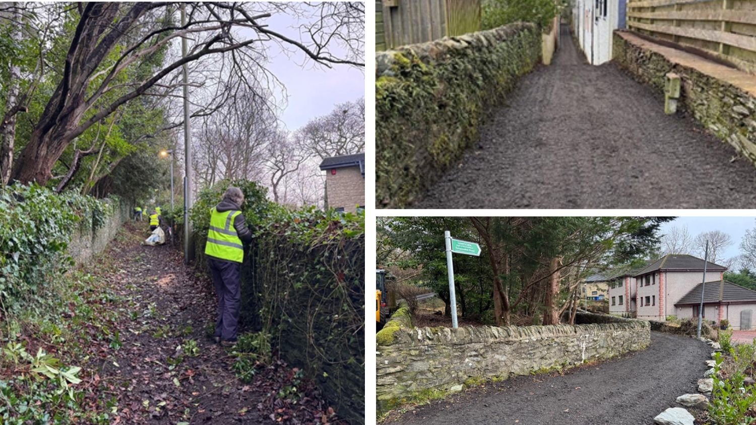 A collage of 3 images. 1 image shows volunteers in high-vis jackets clearing the path. The other 2 images show the smooth, updated path. 