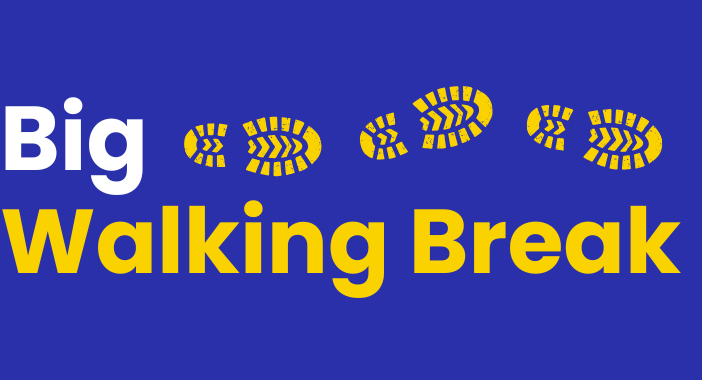 "Big Walking Break" white and yellow text on a blue background. Yellow footprint icons trail away from "big".